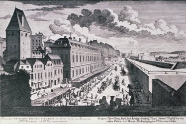 Ansicht einer Straße in Wien, graviert von Johann-August Corvinus (1683-1738)